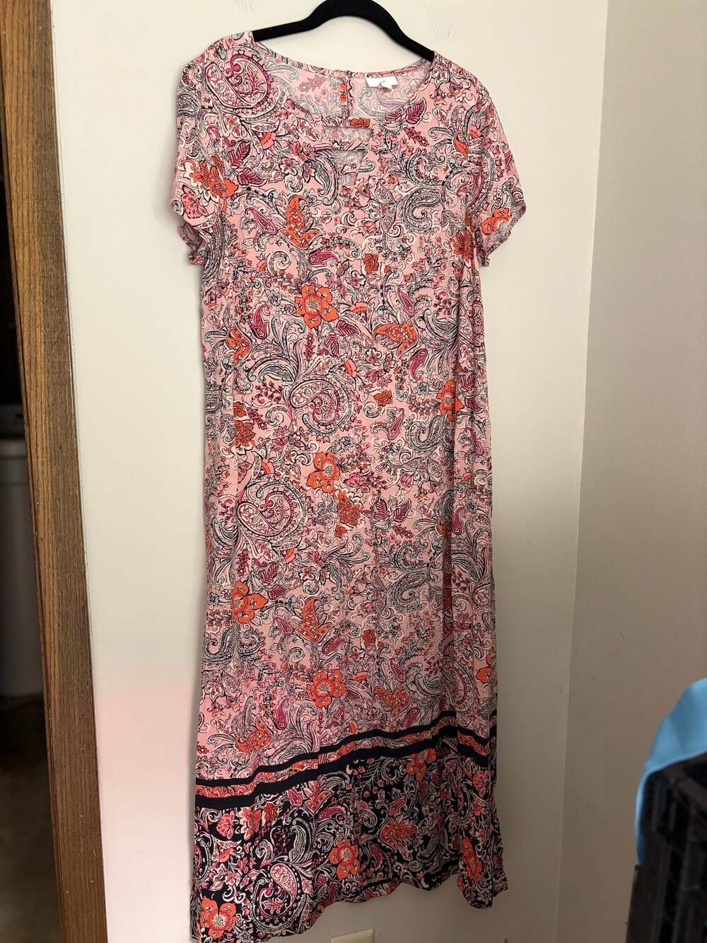J.Jill Women's Short Sleeve Boho Pink Paisley Floral Print Maxi Dress Size M